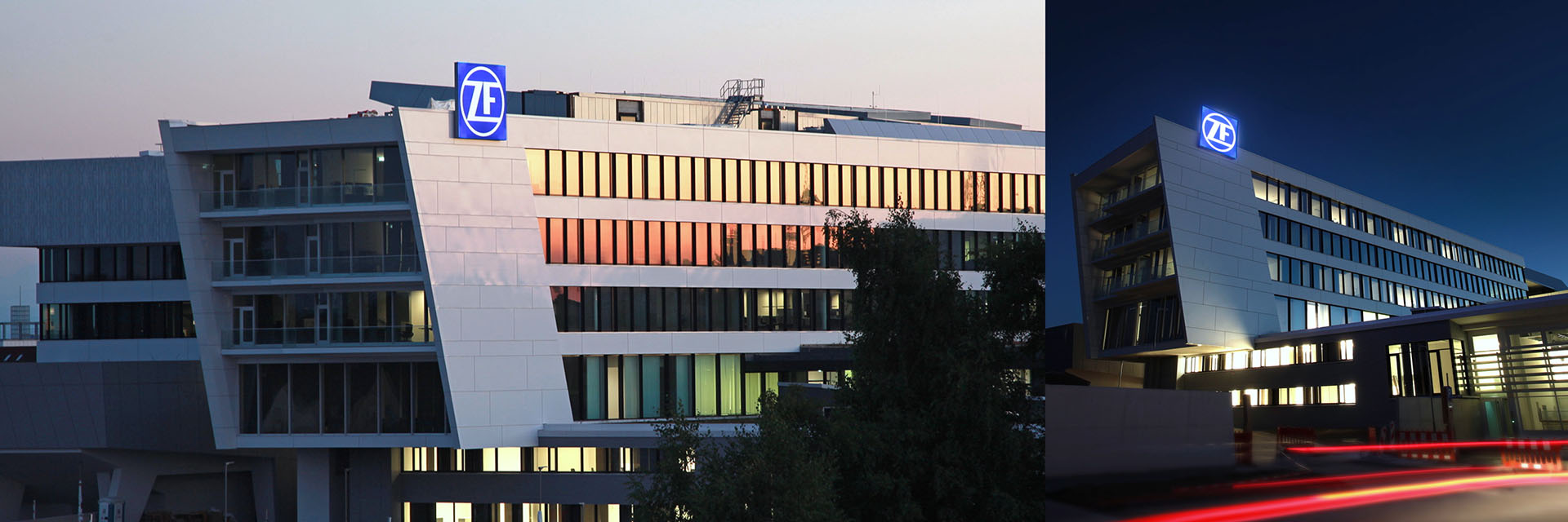 New headquarter building at sunset and night