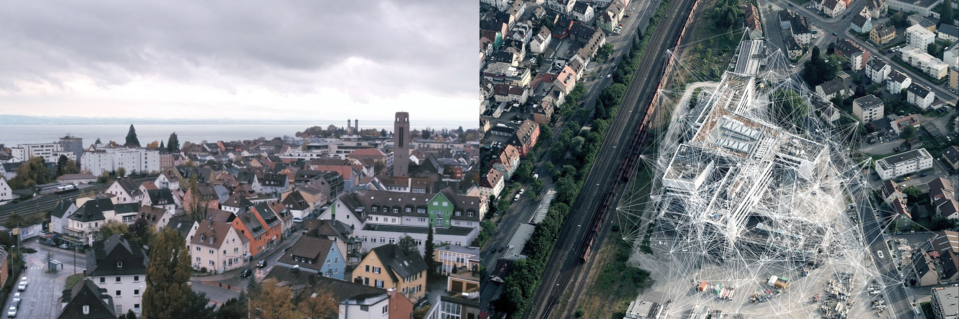 Drone Shots of Friedrichshafen and ZF Forum enhanced with motion graphics